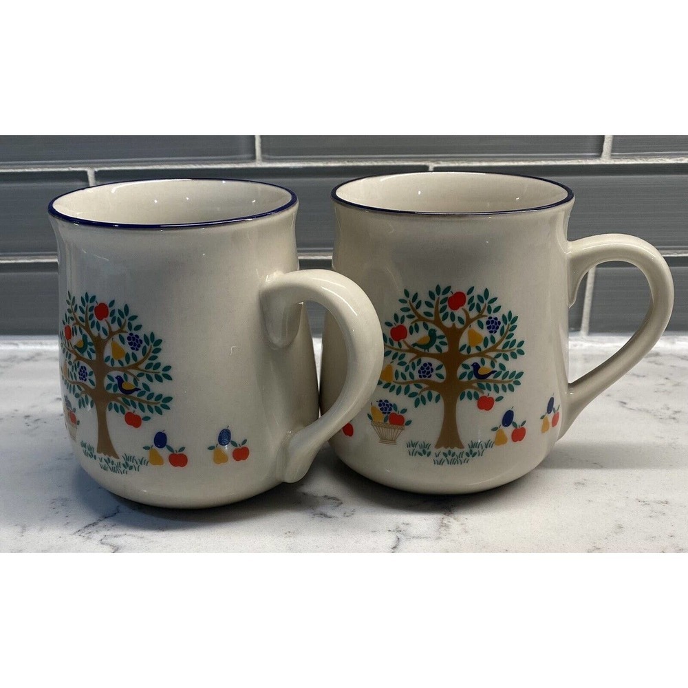 Fruit Tree of Life w/ Birds Stoneware Coffee Mug Made in Japan Blue Rim